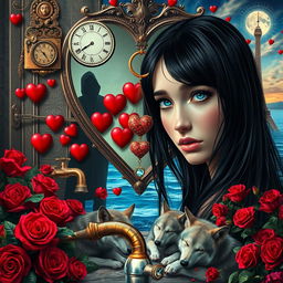 A beautiful, stunning young woman with long black hair and mesmerizing crystal blue eyes is crying in a fantastical, dreamy psychedelic landscape inspired by Salvador Dali