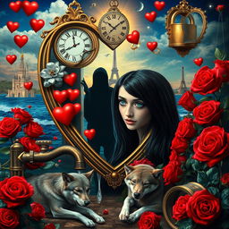 A beautiful, stunning young woman with long black hair and mesmerizing crystal blue eyes is crying in a fantastical, dreamy psychedelic landscape inspired by Salvador Dali