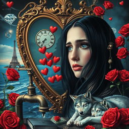 A beautiful, stunning young woman with long black hair and mesmerizing crystal blue eyes is crying in a fantastical, dreamy psychedelic landscape inspired by Salvador Dali