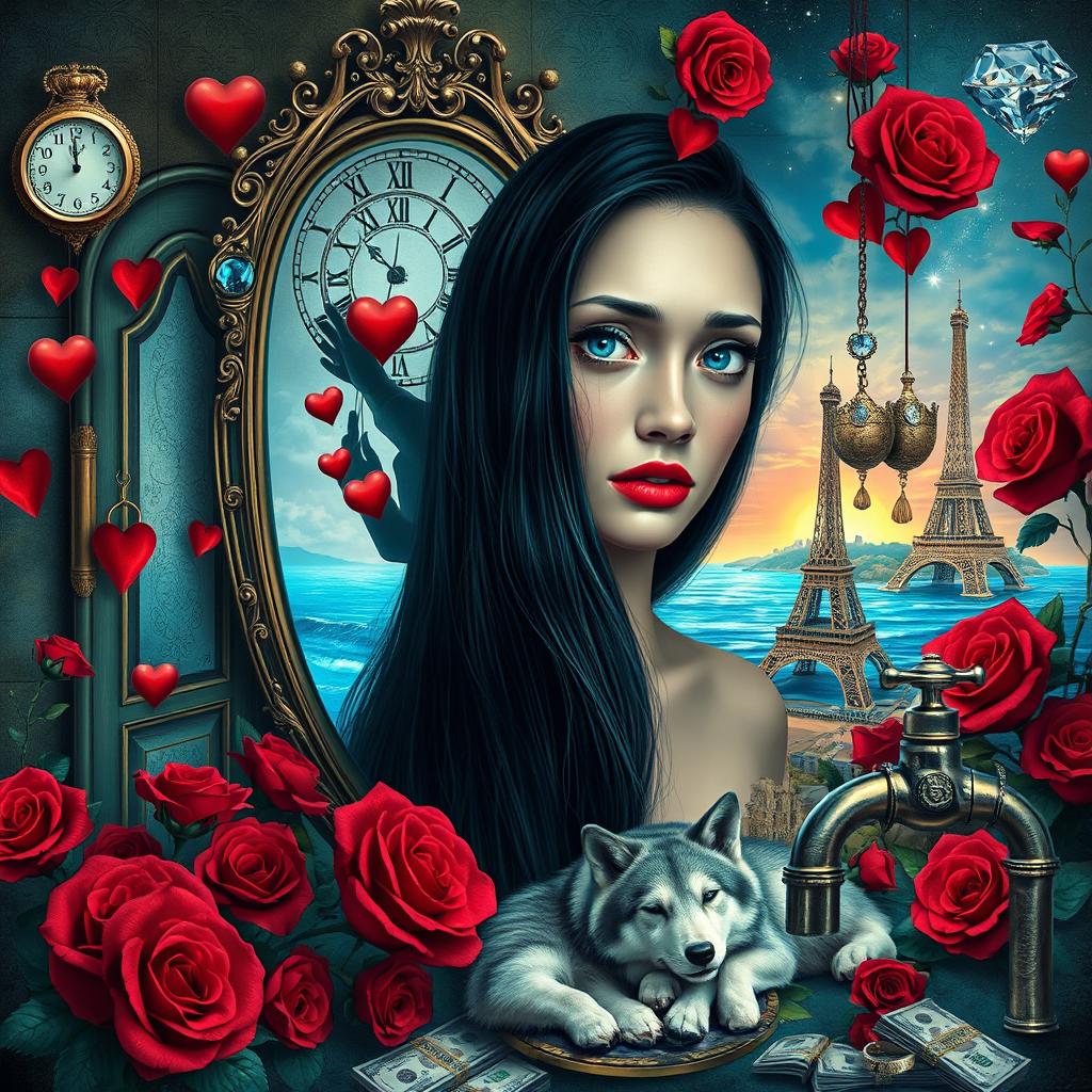 A beautiful, stunning young woman with long black hair and mesmerizing crystal blue eyes is crying in a fantastical, dreamy psychedelic landscape inspired by Salvador Dali