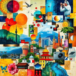 A vibrant and dynamic collage featuring an eclectic mix of images, textures, and colors
