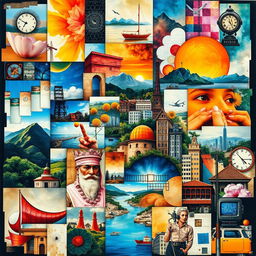 A vibrant and dynamic collage featuring an eclectic mix of images, textures, and colors