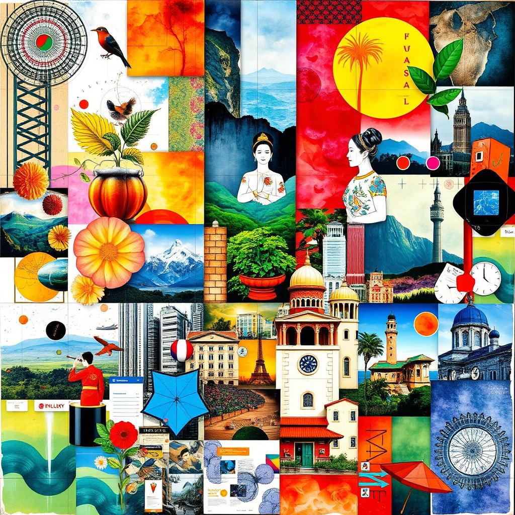 A vibrant and dynamic collage featuring an eclectic mix of images, textures, and colors