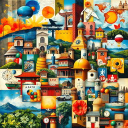 A vibrant and dynamic collage featuring an eclectic mix of images, textures, and colors