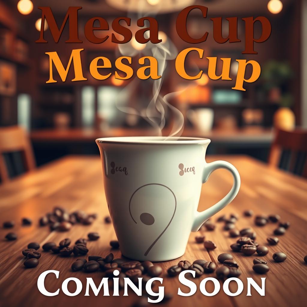 A vibrant and eye-catching poster promoting a coffee shop, featuring a beautifully designed mesa cup at the center, with steam rising gently from it