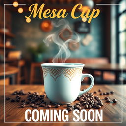 A vibrant and eye-catching poster promoting a coffee shop, featuring a beautifully designed mesa cup at the center, with steam rising gently from it