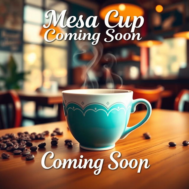 A vibrant and eye-catching poster promoting a coffee shop, featuring a beautifully designed mesa cup at the center, with steam rising gently from it