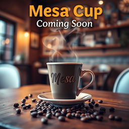 A vibrant and eye-catching poster promoting a coffee shop, featuring a beautifully designed mesa cup at the center, with steam rising gently from it