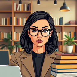 A stylized portrait of an intelligent-looking woman with glasses, surrounded by books and technological gadgets like a laptop and a smartphone