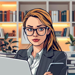 A stylized portrait of an intelligent-looking woman with glasses, surrounded by books and technological gadgets like a laptop and a smartphone