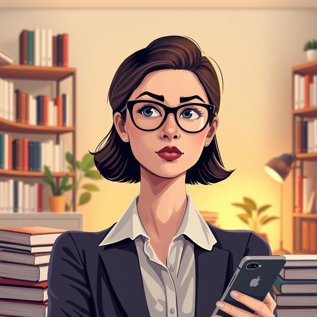 A stylized portrait of an intelligent-looking woman with glasses, surrounded by books and technological gadgets like a laptop and a smartphone