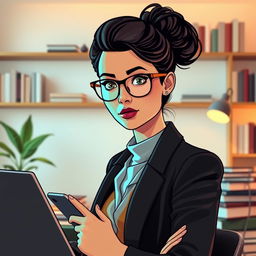 A stylized portrait of an intelligent-looking woman with glasses, surrounded by books and technological gadgets like a laptop and a smartphone