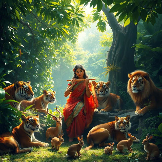 A picturesque rainforest clearing filled with vibrant green foliage, where a serene Indian woman in traditional attire plays a flute