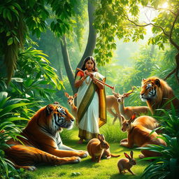 A picturesque rainforest clearing filled with vibrant green foliage, where a serene Indian woman in traditional attire plays a flute