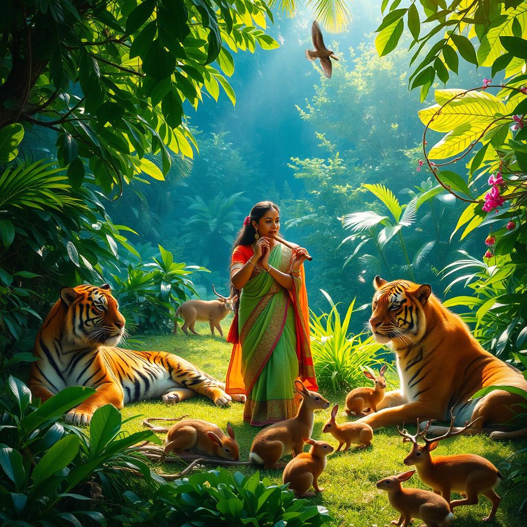 A picturesque rainforest clearing filled with vibrant green foliage, where a serene Indian woman in traditional attire plays a flute