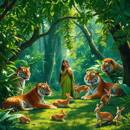 A picturesque rainforest clearing filled with vibrant green foliage, where a serene Indian woman in traditional attire plays a flute