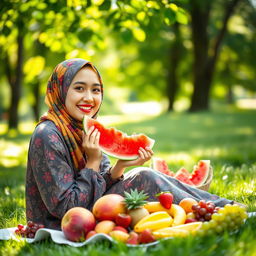 A serene outdoor scene featuring a young woman wearing a colorful hijab, sitting on a lush green lawn, enjoying a variety of fresh fruits