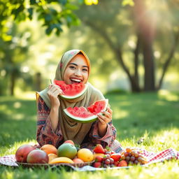 A serene outdoor scene featuring a young woman wearing a colorful hijab, sitting on a lush green lawn, enjoying a variety of fresh fruits