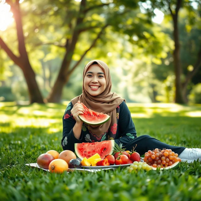 A serene outdoor scene featuring a young woman wearing a colorful hijab, sitting on a lush green lawn, enjoying a variety of fresh fruits