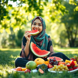 A serene outdoor scene featuring a young woman wearing a colorful hijab, sitting on a lush green lawn, enjoying a variety of fresh fruits