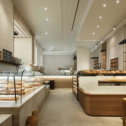 A modern bakery cafe with white tiled and stoned interiors, beckoning a London style. The space is filled with contemporary furniture, pastries artistically displayed in glass showcases and a state-of-the-art coffee brewing station.