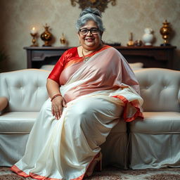 A 55-year-old Indian woman with ultra morbid obesity, silver grey hair in a messy bun, wearing glasses, looking directly at the viewer with a warm smile