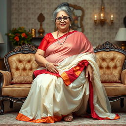 A 55-year-old Indian woman with ultra morbid obesity, silver grey hair in a messy bun, wearing glasses, looking directly at the viewer with a warm smile