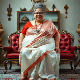 A 55-year-old Indian woman with ultra morbid obesity, silver grey hair in a messy bun, wearing glasses, looking directly at the viewer with a warm smile