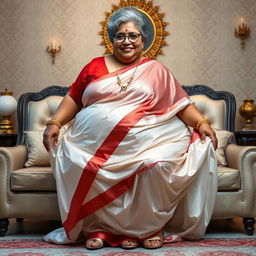 A 55-year-old Indian woman with ultra morbid obesity, silver grey hair in a messy bun, wearing glasses, looking directly at the viewer with a warm smile