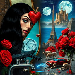 A beautiful, stunning young woman with long black hair and crystal blue eyes is crying in a surreal, dreamy psychedelic landscape inspired by Salvador Dali