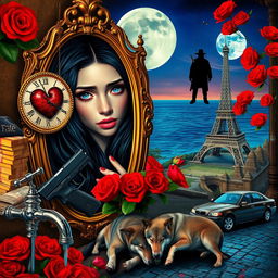 A beautiful, stunning young woman with long black hair and crystal blue eyes is crying in a surreal, dreamy psychedelic landscape inspired by Salvador Dali