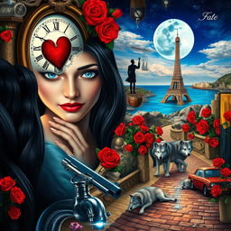 A beautiful, stunning young woman with long black hair and crystal blue eyes is crying in a surreal, dreamy psychedelic landscape inspired by Salvador Dali