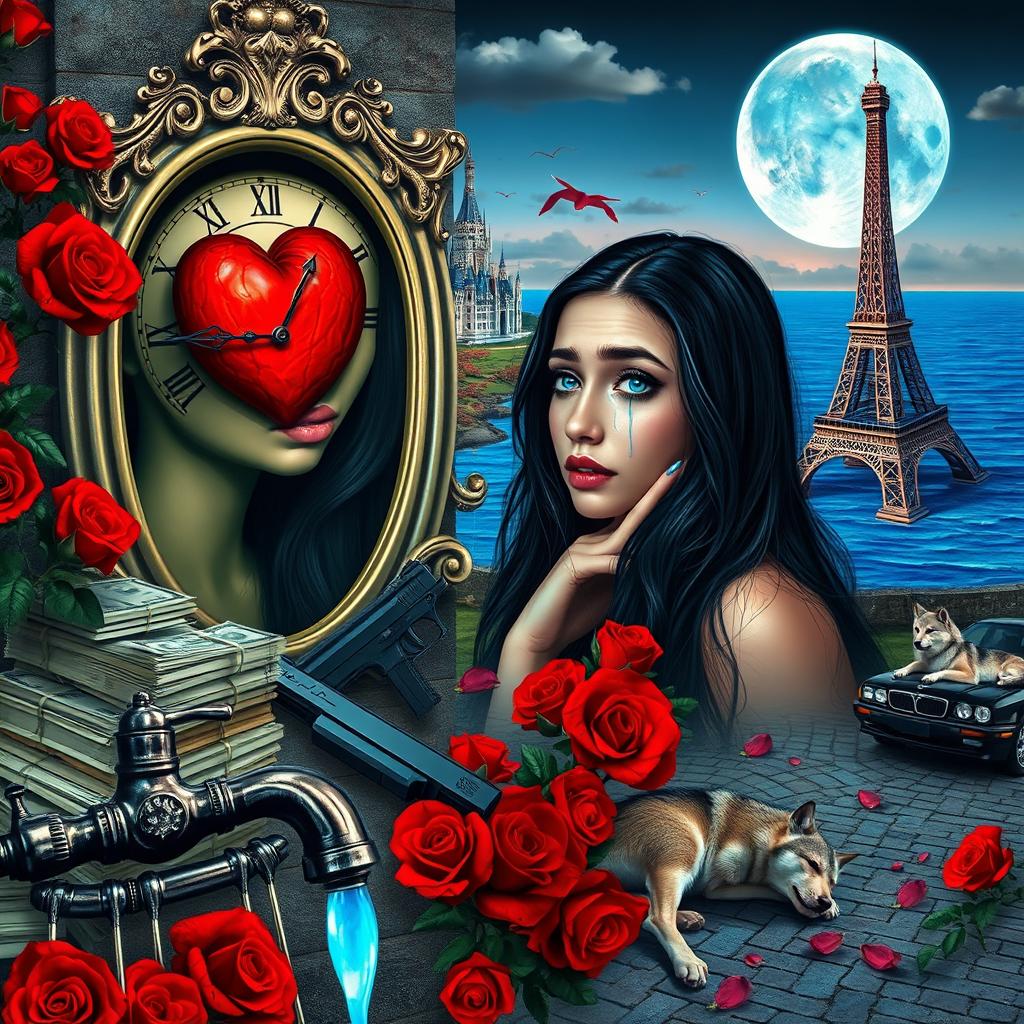 A beautiful, stunning young woman with long black hair and crystal blue eyes is crying in a surreal, dreamy psychedelic landscape inspired by Salvador Dali