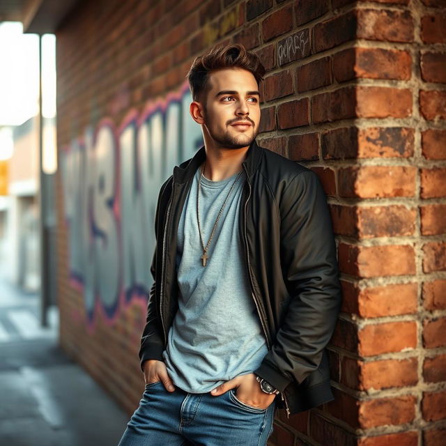 A man leaning casually against a brick wall, dressed in stylish, casual streetwear