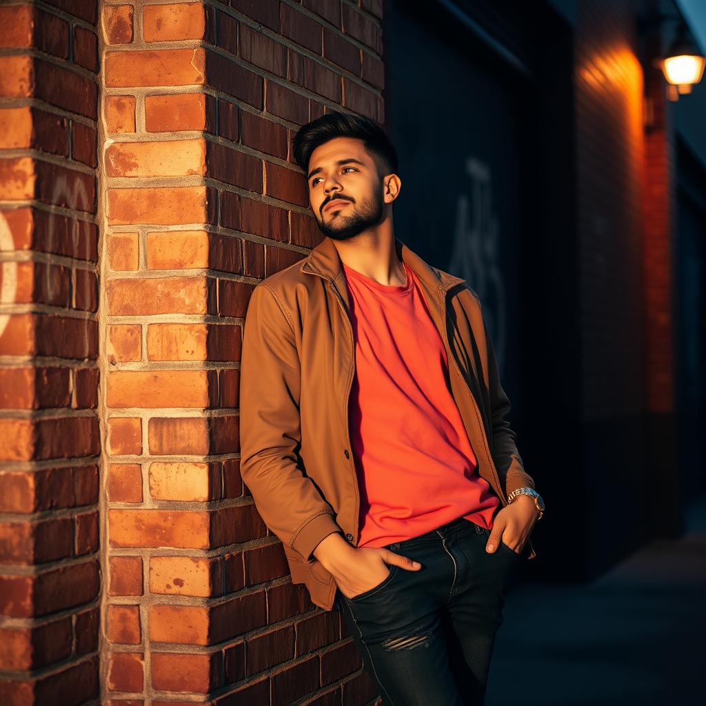 A man leaning casually against a brick wall, dressed in stylish, casual streetwear