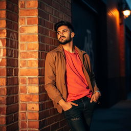 A man leaning casually against a brick wall, dressed in stylish, casual streetwear