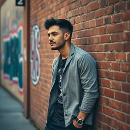 A man leaning casually against a brick wall, dressed in stylish, casual streetwear