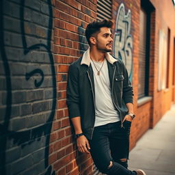 A man leaning casually against a brick wall, dressed in stylish, casual streetwear