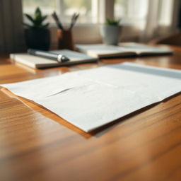 A close-up view of a piece of white paper resting flat on a polished wooden surface