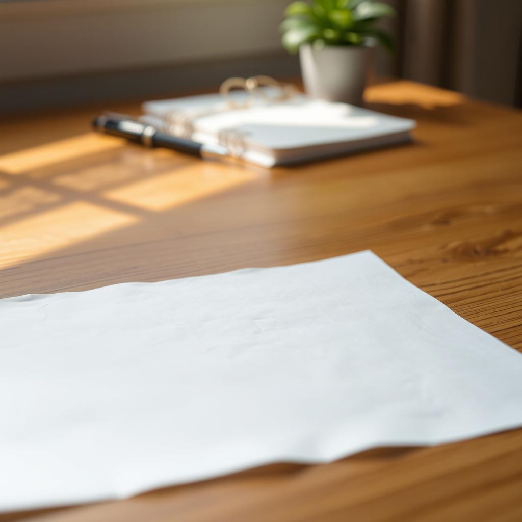 A close-up view of a piece of white paper resting flat on a polished wooden surface