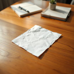 A close-up view of a piece of white paper resting flat on a polished wooden surface