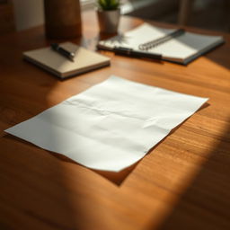 A close-up view of a piece of white paper resting flat on a polished wooden surface