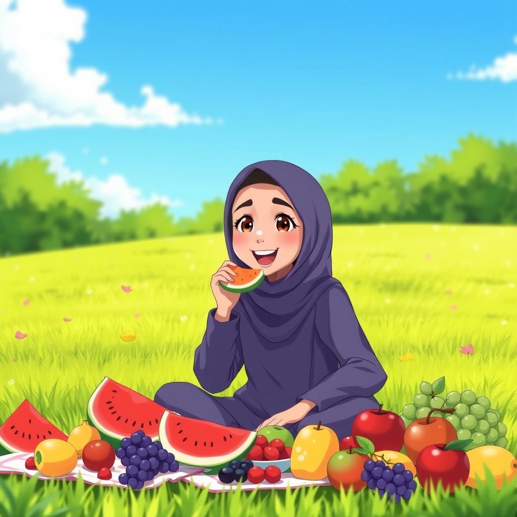 An animated scene featuring a young woman wearing a hijab, sitting on a lush green lawn, enjoying a variety of colorful fruits