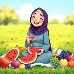 An animated scene featuring a young woman wearing a hijab, sitting on a lush green lawn, enjoying a variety of colorful fruits