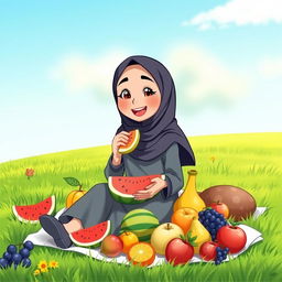 An animated scene featuring a young woman wearing a hijab, sitting on a lush green lawn, enjoying a variety of colorful fruits
