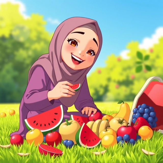 An animated scene featuring a young woman wearing a hijab, sitting on a lush green lawn, enjoying a variety of colorful fruits