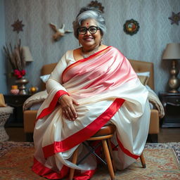A 55-year-old Indian woman with ultra morbid obesity, sporting silver grey hair styled in a messy bun, wearing glasses and looking with a warm smile directly at the viewer