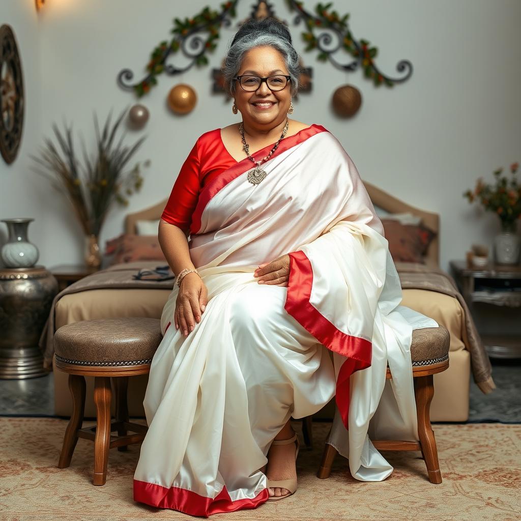 A 55-year-old Indian woman with ultra morbid obesity, sporting silver grey hair styled in a messy bun, wearing glasses and looking with a warm smile directly at the viewer