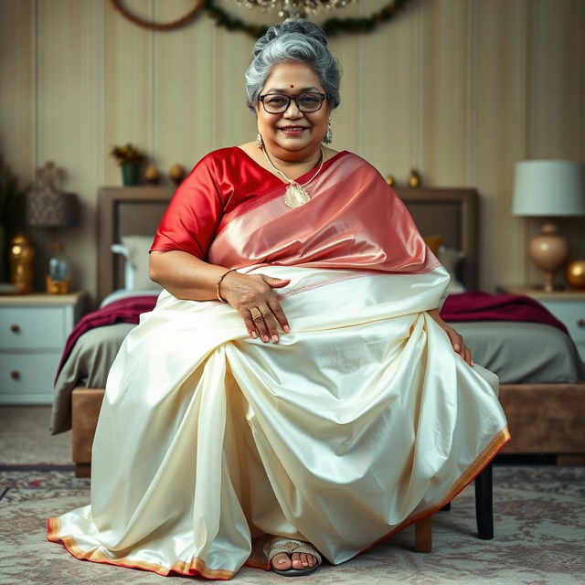 A 55-year-old Indian woman with ultra morbid obesity, sporting silver grey hair styled in a messy bun, wearing glasses and looking with a warm smile directly at the viewer