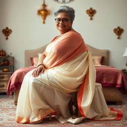 A 55-year-old Indian woman with ultra morbid obesity, sporting silver grey hair styled in a messy bun, wearing glasses and looking with a warm smile directly at the viewer